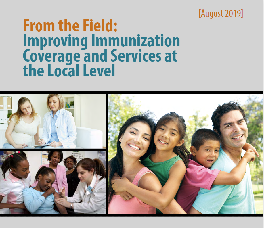 Image 1: A pregnant woman looks at a chart with her doctor. Image 2: A Black woman gets a shot surrounded by family. Image 3: A family stands together smiling