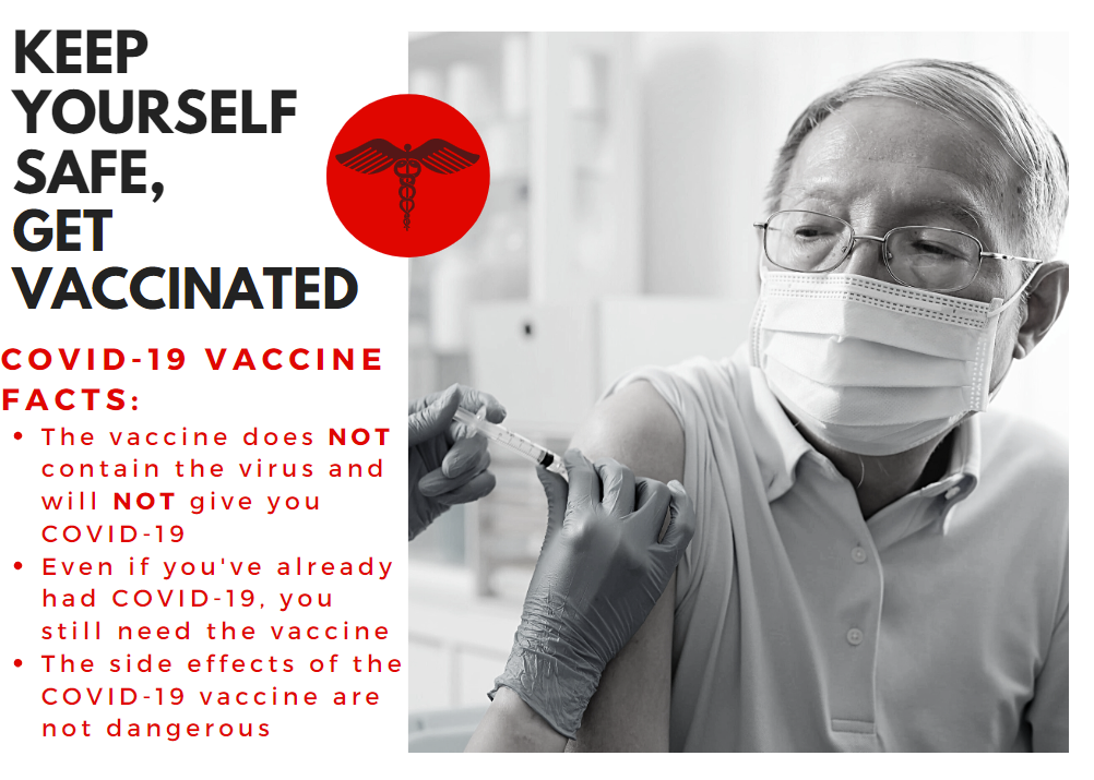 Black and white photograph of an older Asian man wearing glasses and a mask, looking to his shoulder as he receives a vaccine. The wording to the left in black and red font says, "Keep yourself safe, get vaccinated. COVID-19 vaccine facts: The vaccine does not contain the virus and will not give you COVID-19. Even if you've already had COVID-19 you still need the vaccine. The side effects of the COVID-19 vaccine are not dangerous."
