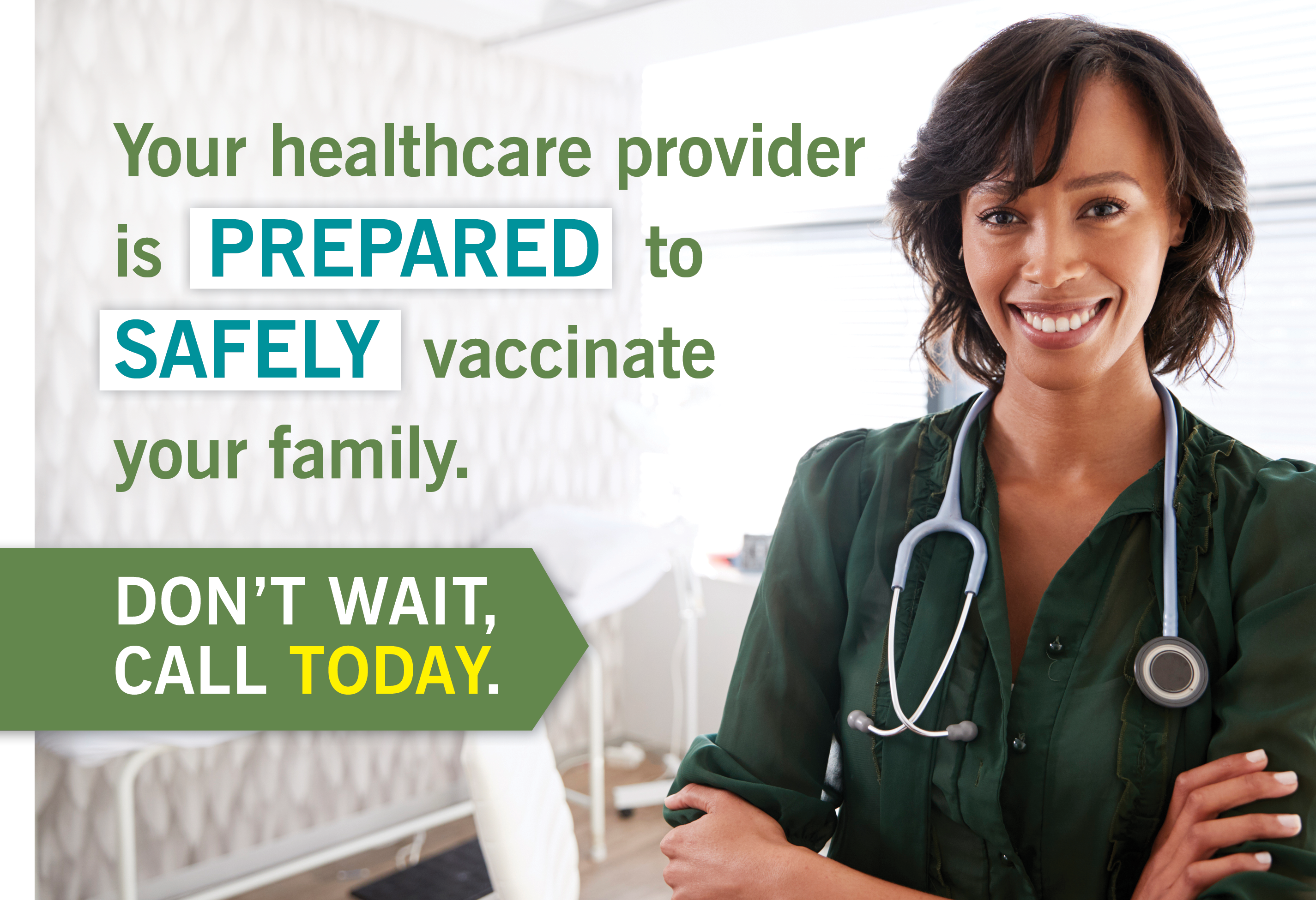 A female healthcare professional wearing a green shirt smiles and has a stethoscope around her neck.  