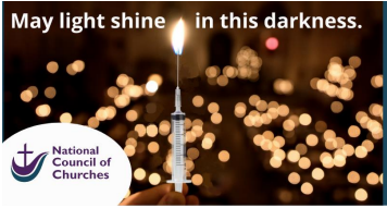 vaccine syringe sitting upright with a flame coming out of the tip like a candle. Text reads May light shine in this darkness.