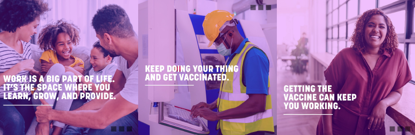 Three images of people in different settings with a purple tone and white text. 