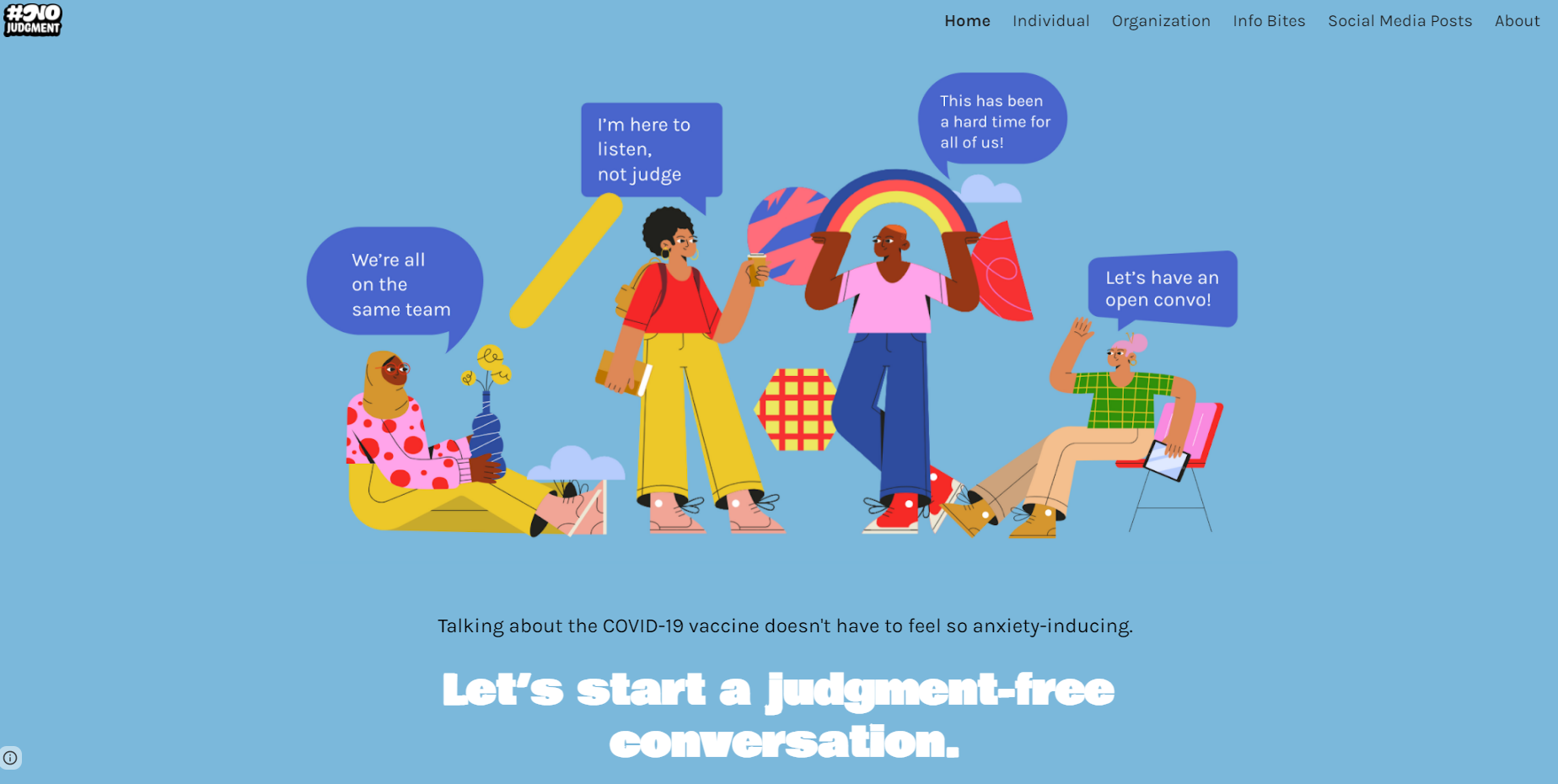 screenshot of the #NoJudgement webpage with cartoon images of young people of various races and religions