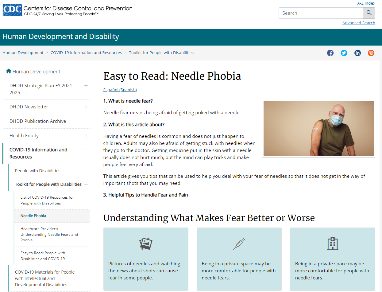 Screenshot of CDC webpage titled "Easy to Read: Needle Phobia." An older adult is pictured wearing a face mask and has an adhesive bandage on his arm.