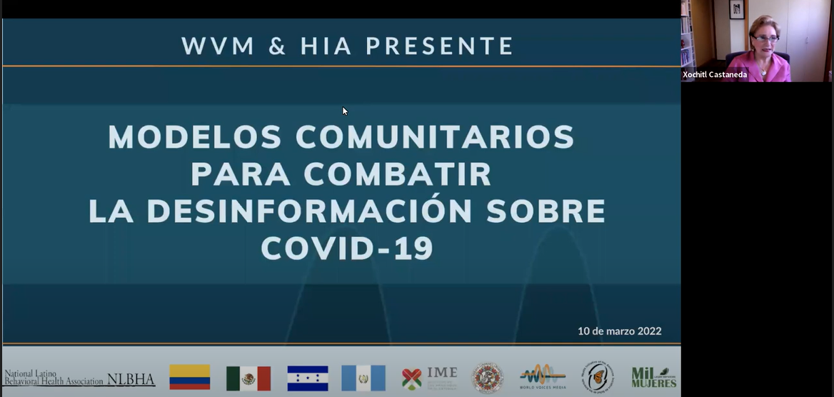 Blue and white slide with flags and organization logos and a woman in a pink blazer in the upper right. 