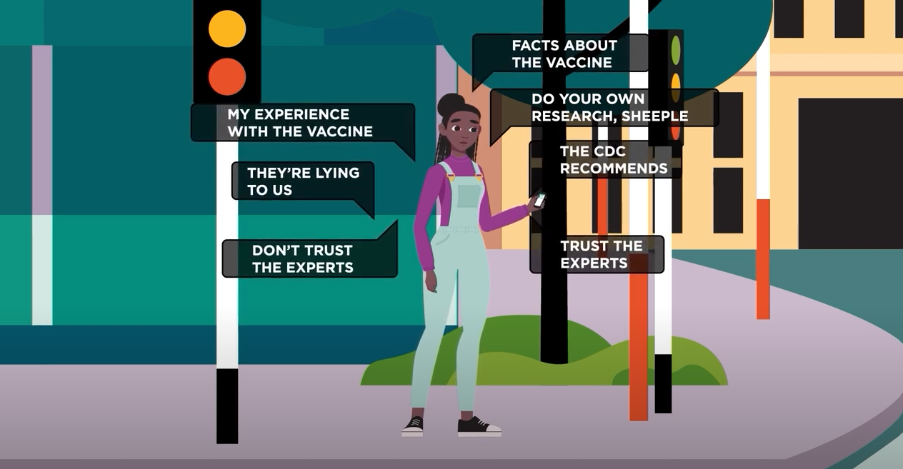 A cartoon of an African American young woman looking at her phone. Around her are multiple text message bubbles with varying messages about COVID information.