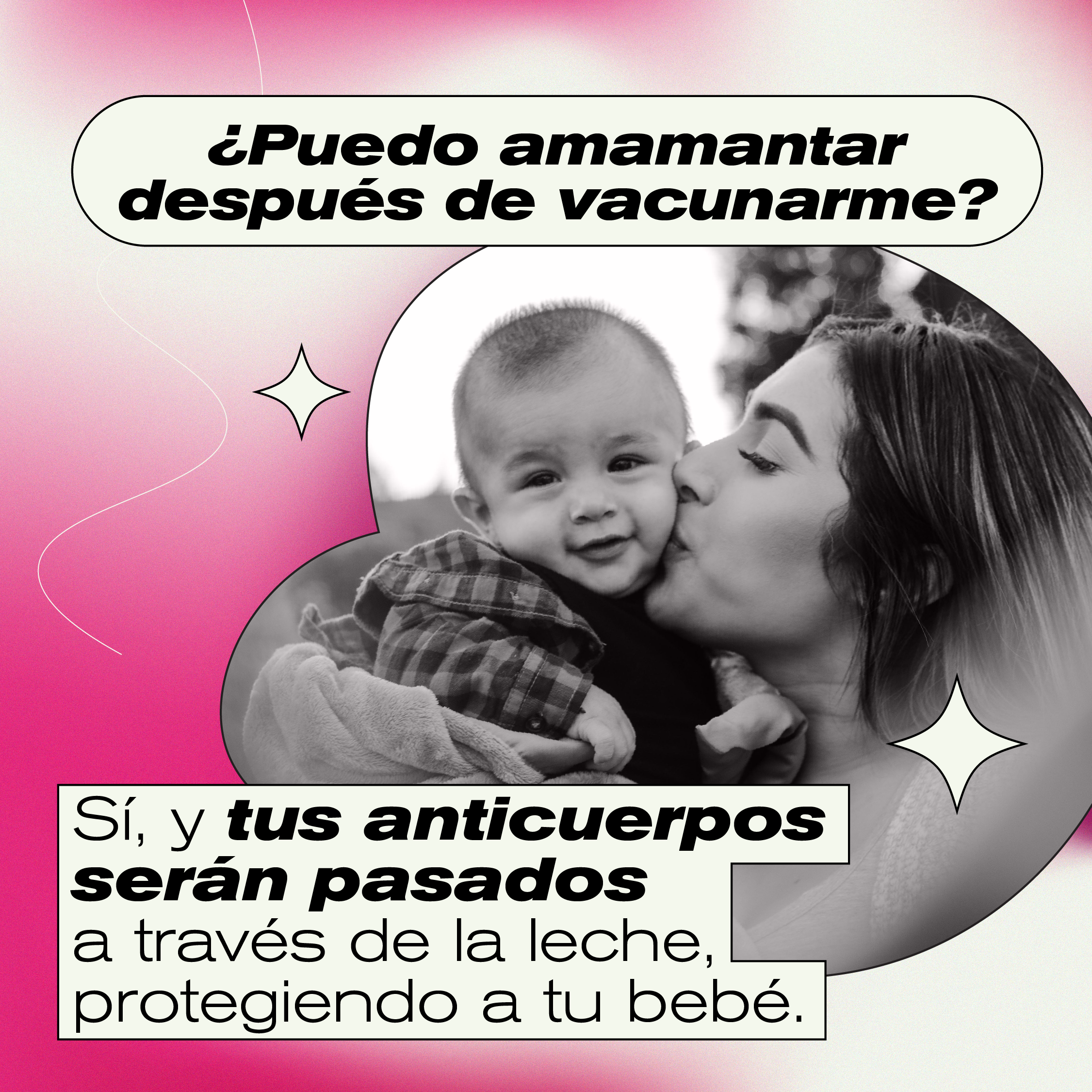 Pink graphic with a woman and baby with the text "Can I breastfeed after vaccination? Yes, and your antibodies are passed through the breast milk to help protect your baby."