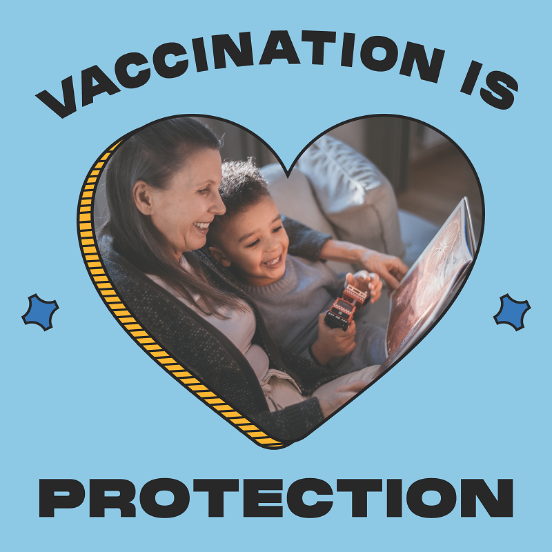 a mother reading to her daughter surrounded by the words "Vaccination is love"