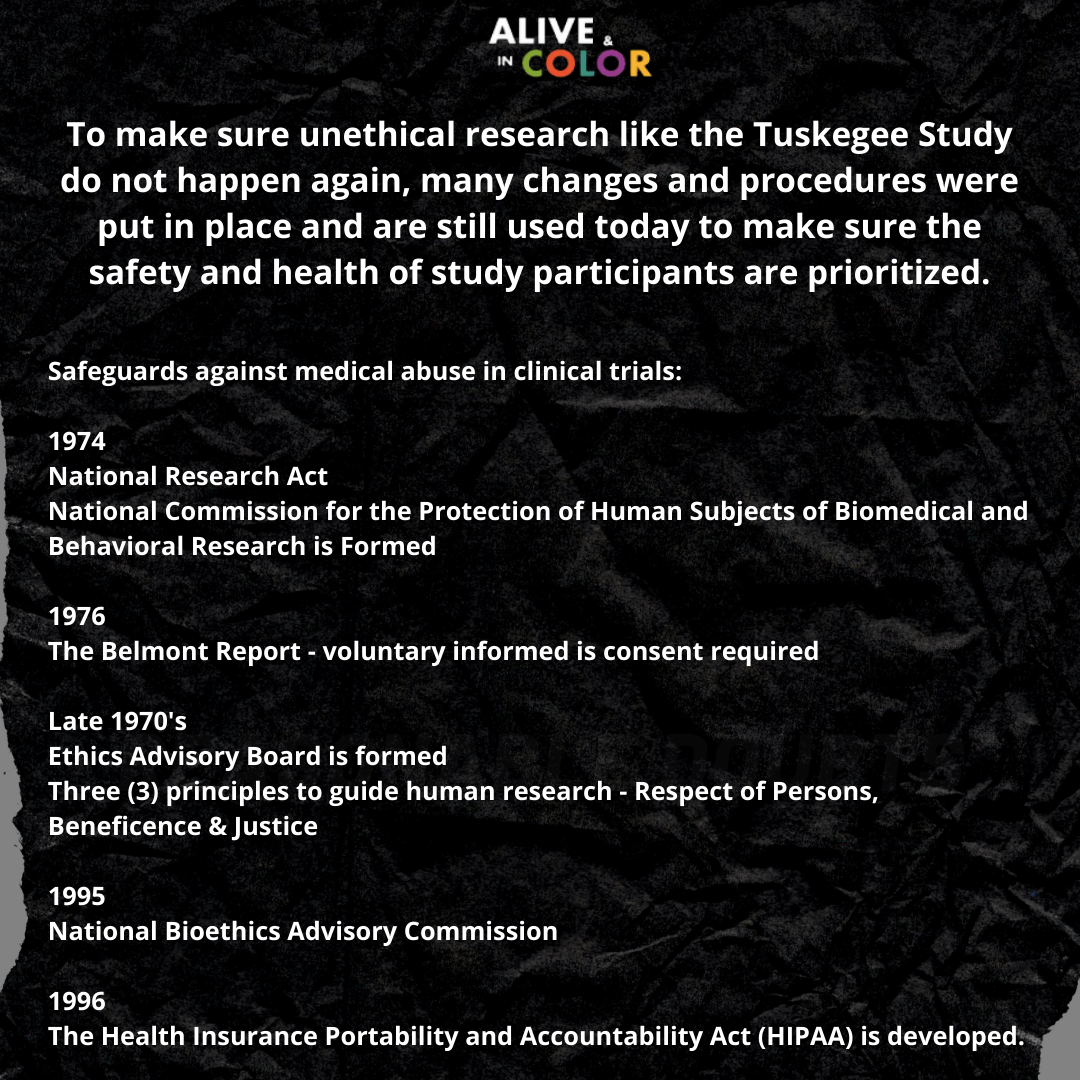 list of safeguards put in place after the Tuskegee experiment to ensure it does not happen again.