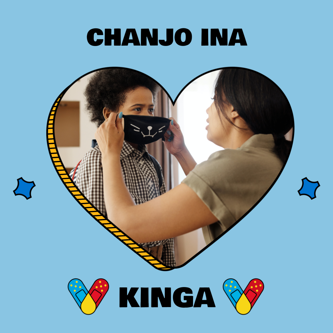 a woman putting a face mask on a young child surrounded by the words "Vaccination is love" in Swahili