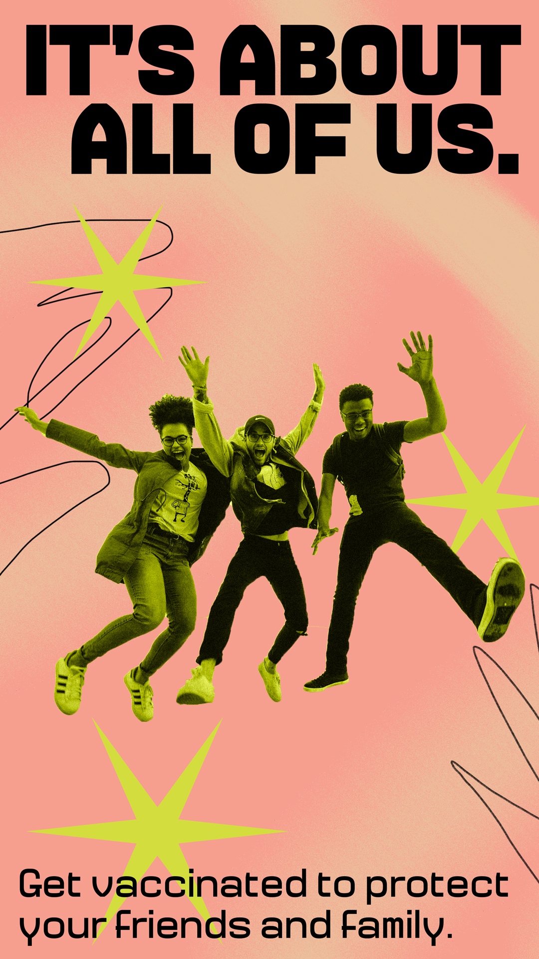 three people looking excited with the text "It's about all of us"