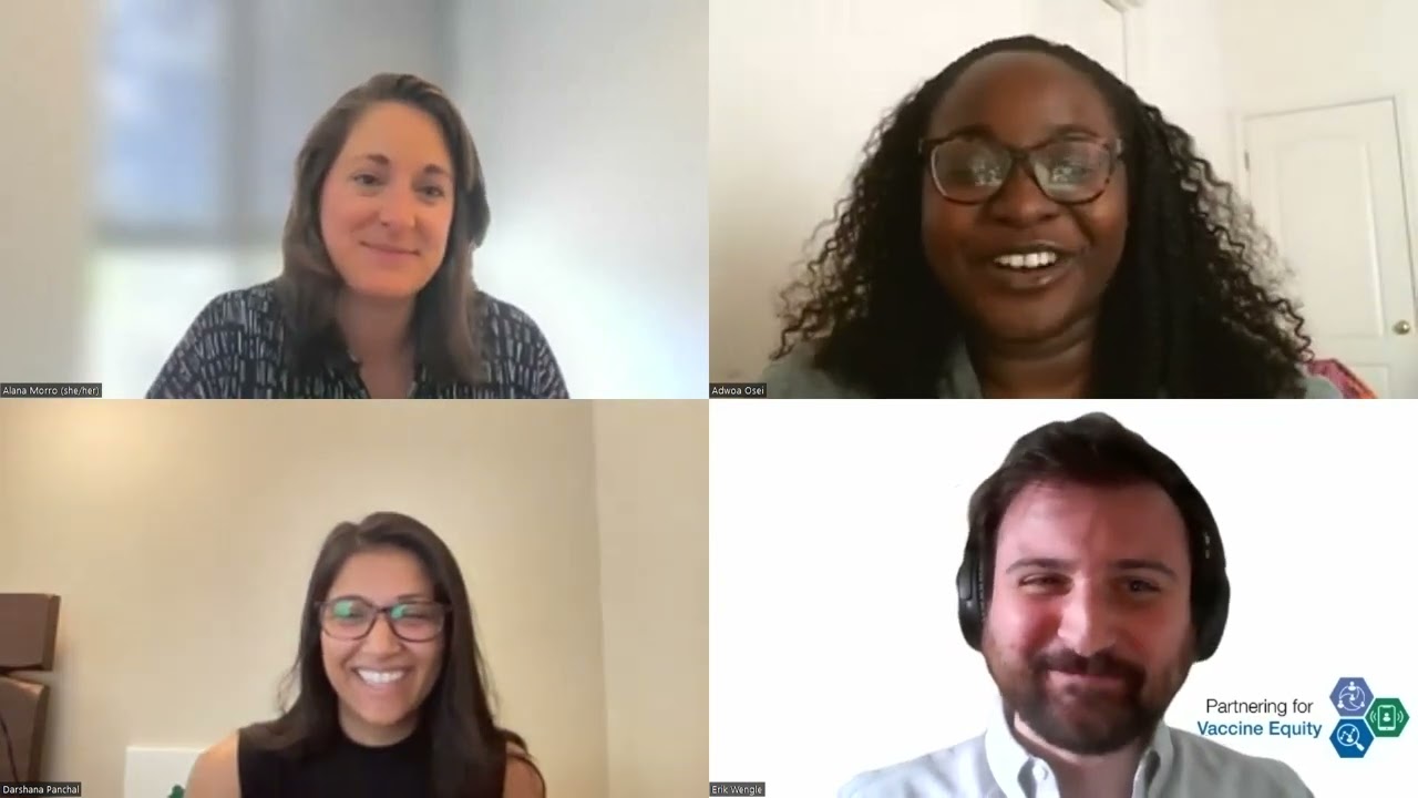 A virtual meeting shows four square pictures of four people. There are three women and one man, and they are all smiling