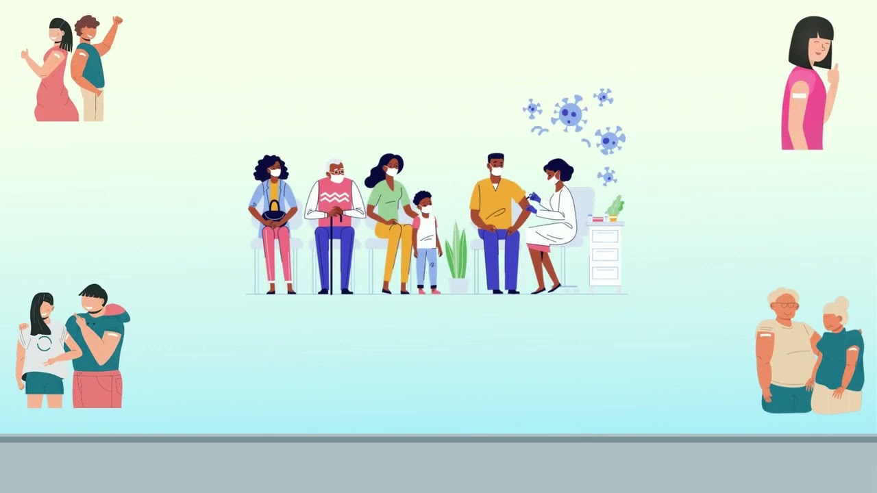 Image of animations of couples with bandaids on their arms in the left corners and bottom right corner, a woman with a bandaid on her arm, and a Black family waiting for a vaccine shot