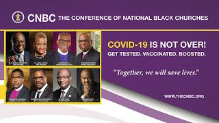 The left side has 8 headshots of Black church leaders. The title and description appears against a purple background