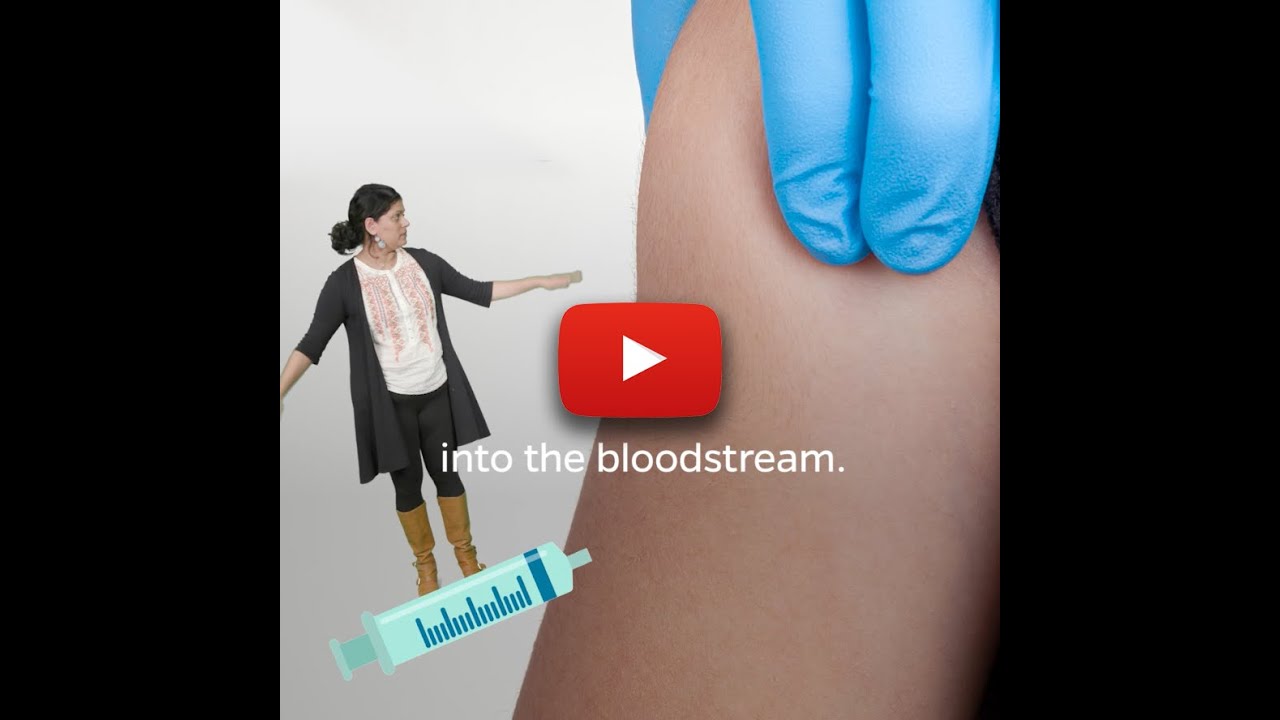 A miniaturized image of a woman appears next to a closeup of an injection site 