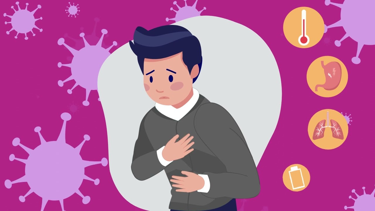 A cartoon man clutches his chest. Cartoon images of germs, a thermometer, stomach, lungs, and batter are around the man. 