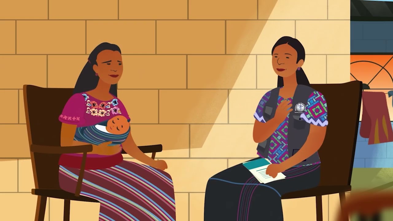Image shows a cartoon of a Latina woman with her baby sitting across from a Latina woman who is a healthcare provider.