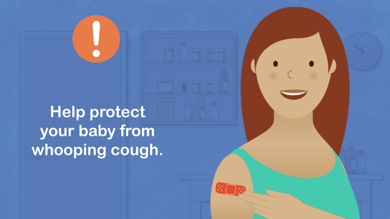 A cartoon image shows a white women with brown hair smiling as she shows a band aid on her shoulder