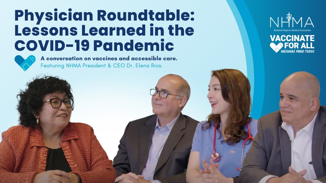 Dr. Eduardo Mariel, Dr. Carolina Saldarriaga Perez, and Dr. Fernando L. Ortiz; two male doctors and one female doctor from the Hispanic community seated at a table and sharing lessons learned from the COVID-19 pandemic.