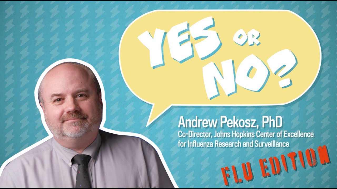 Dr. Pekosz smiles and poses next to a yellow thought bubbles which says "yes or no"