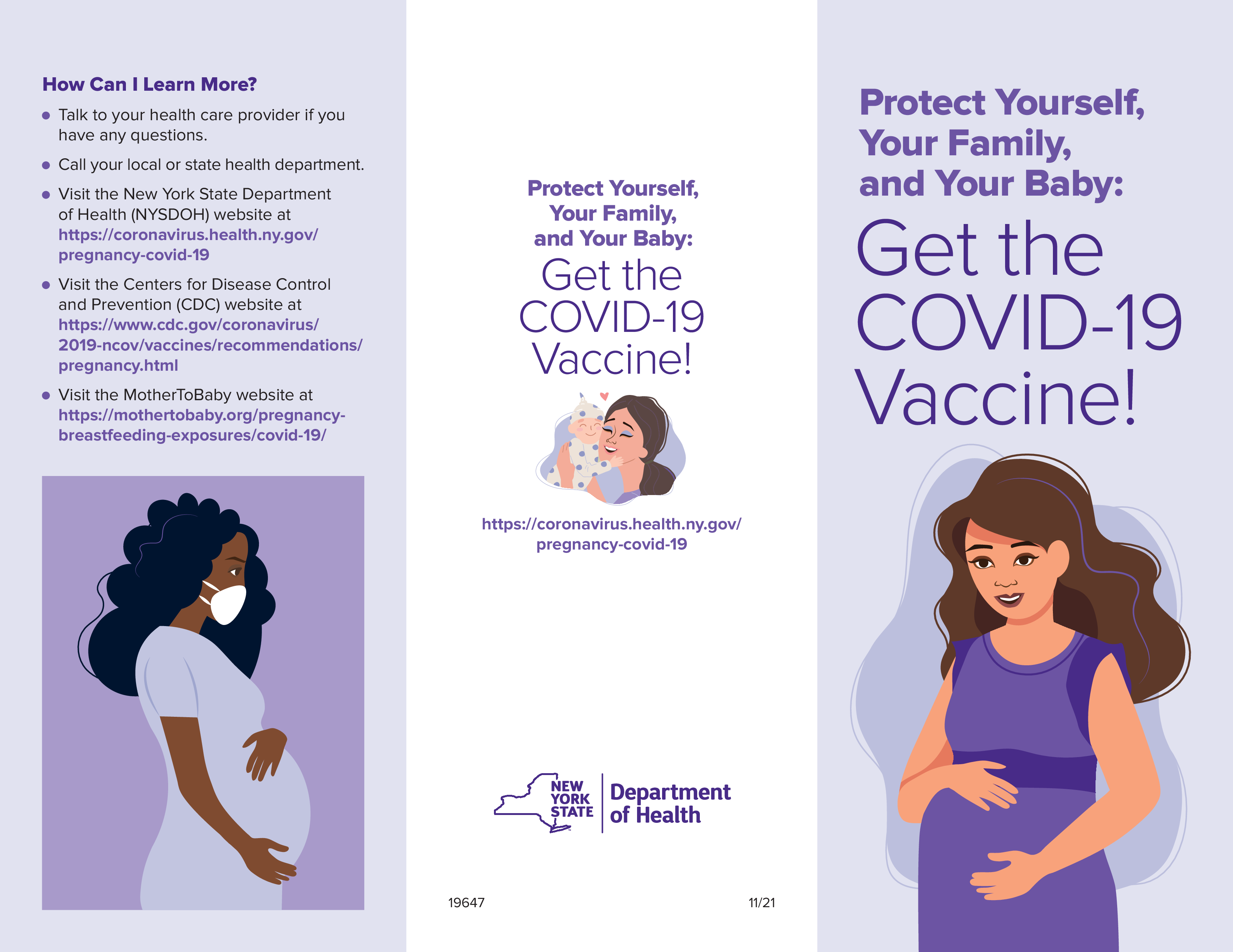 Pamphlet shows through panels with text and images. The first has a purple background and an African American woman wearing a mask. The second panel has a white background and an image of a mother embracing her baby. The final panel has the title, and a white woman smiling.