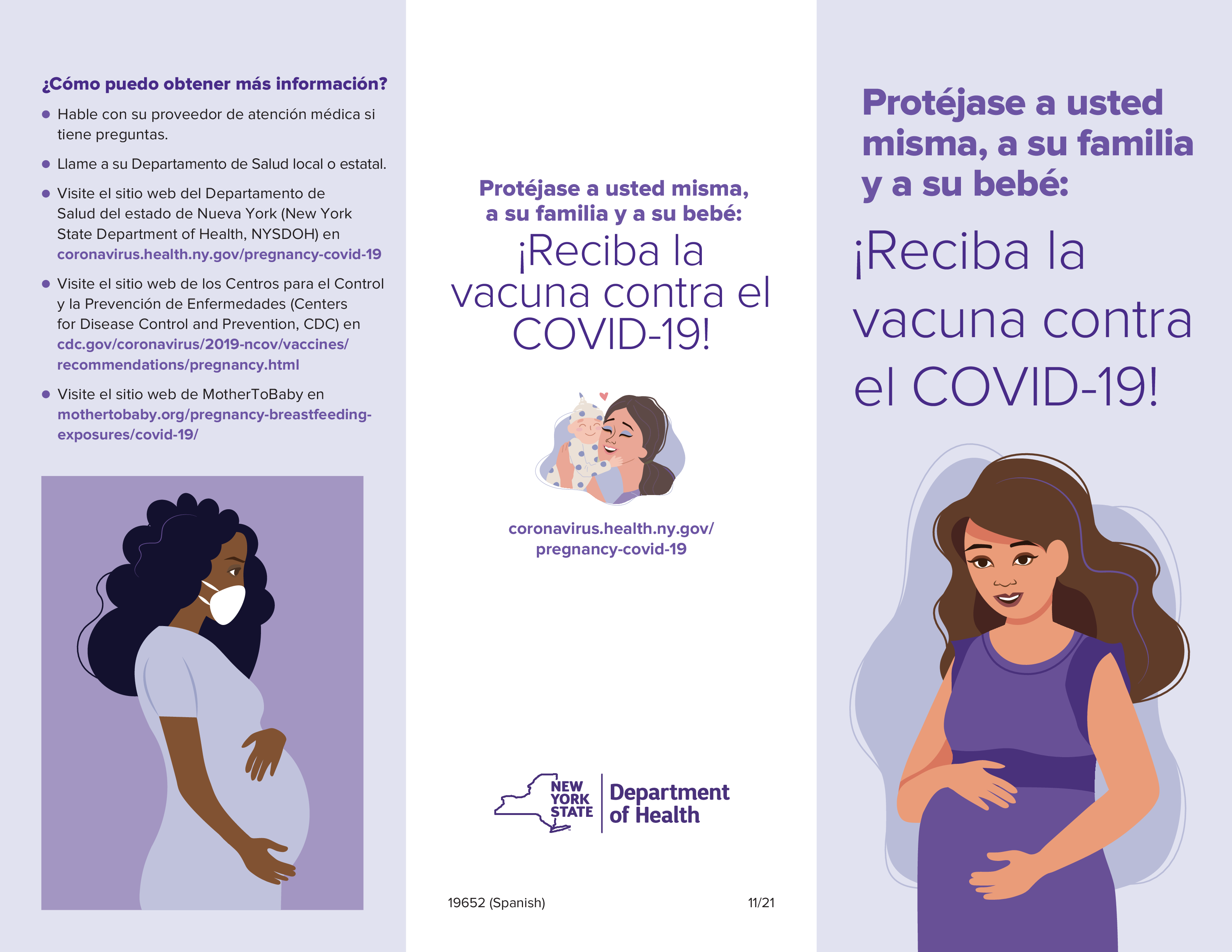 Pamphlet shows through panels with text and images. The first has a purple background and an African American woman wearing a mask. The second panel has a white background and an image of a mother embracing her baby. The final panel has the title, and a white woman smiling.