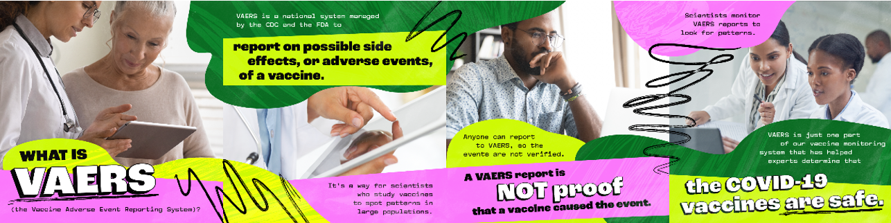 A four-part carousel post shows people of different races and gender expressions looking and pointing at iPads and computer screens. They include doctors and scientists in white coats along with people in every day clothing. Some people look pensive, while others are smiling. The carousel text is displayed on bright colorful shapes overlaid on the images.