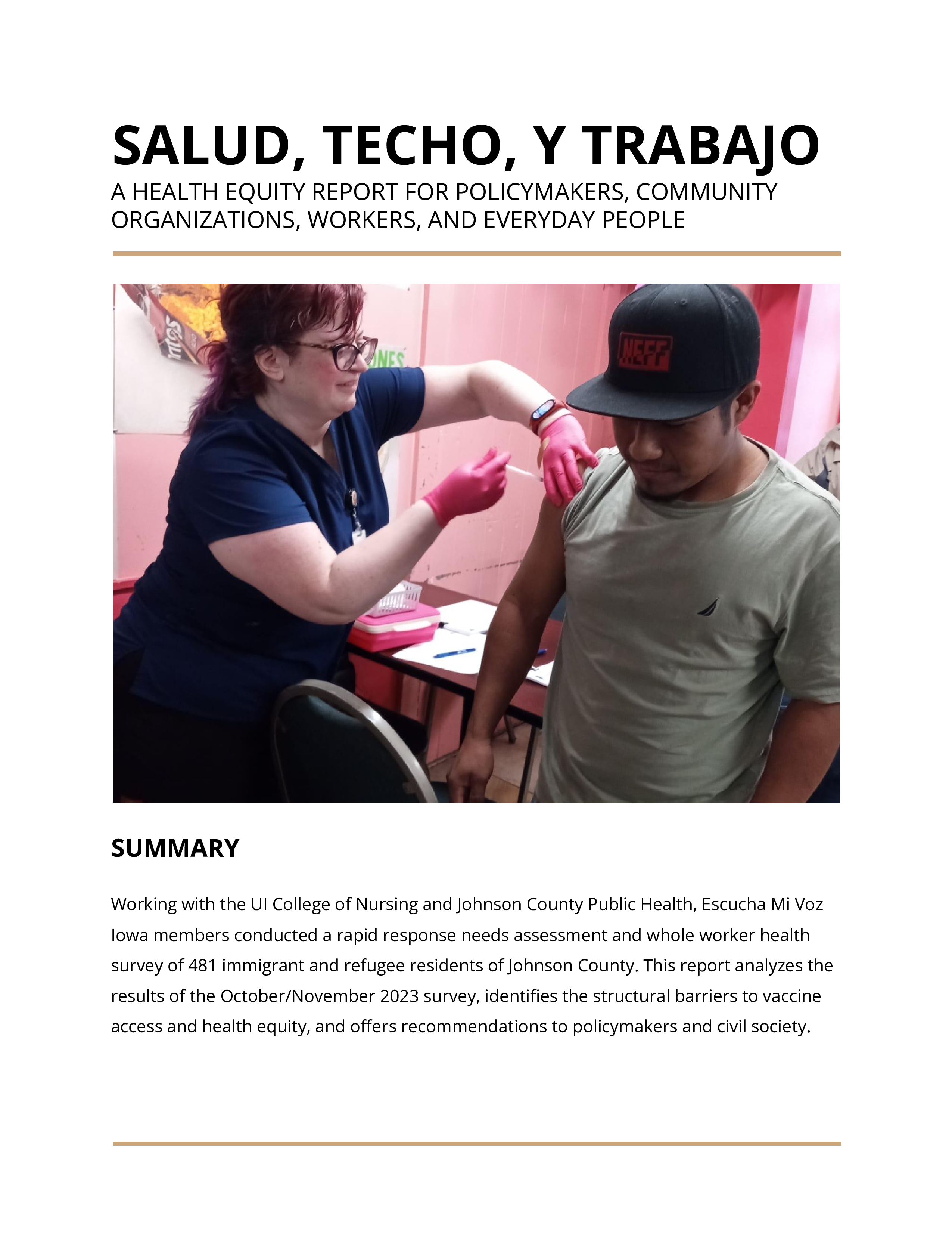 Title page of report shows a healthcare provider administering a vaccine in a patient's arm.