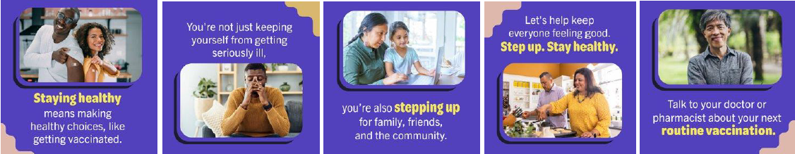 Panel of images shows a Black couple showing off Band-Aids at their vaccine site, a Black man with his head in his hands, an Indigenous mother and daughter, A husband and wife, and an adult Asian man smiling