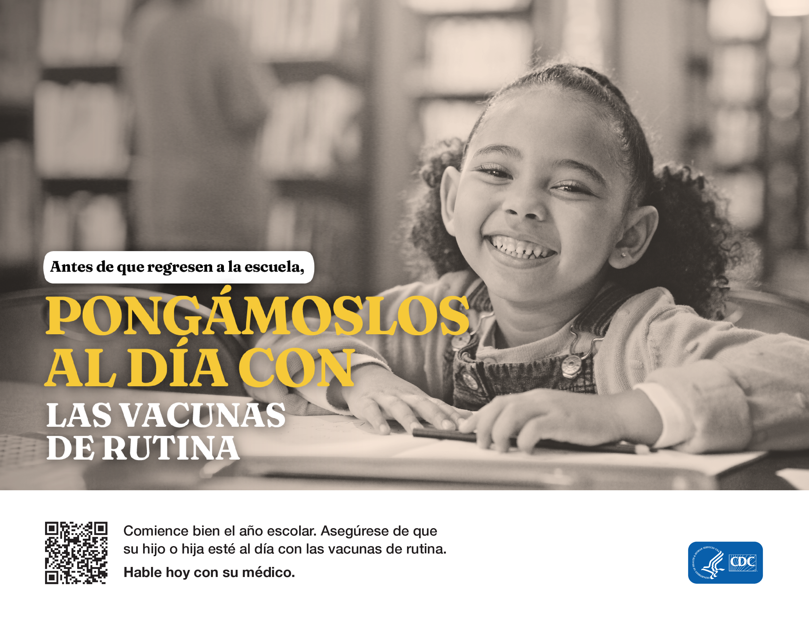 Spanish text reads, "Before heading back to school, let's catch up on routine vaccines."