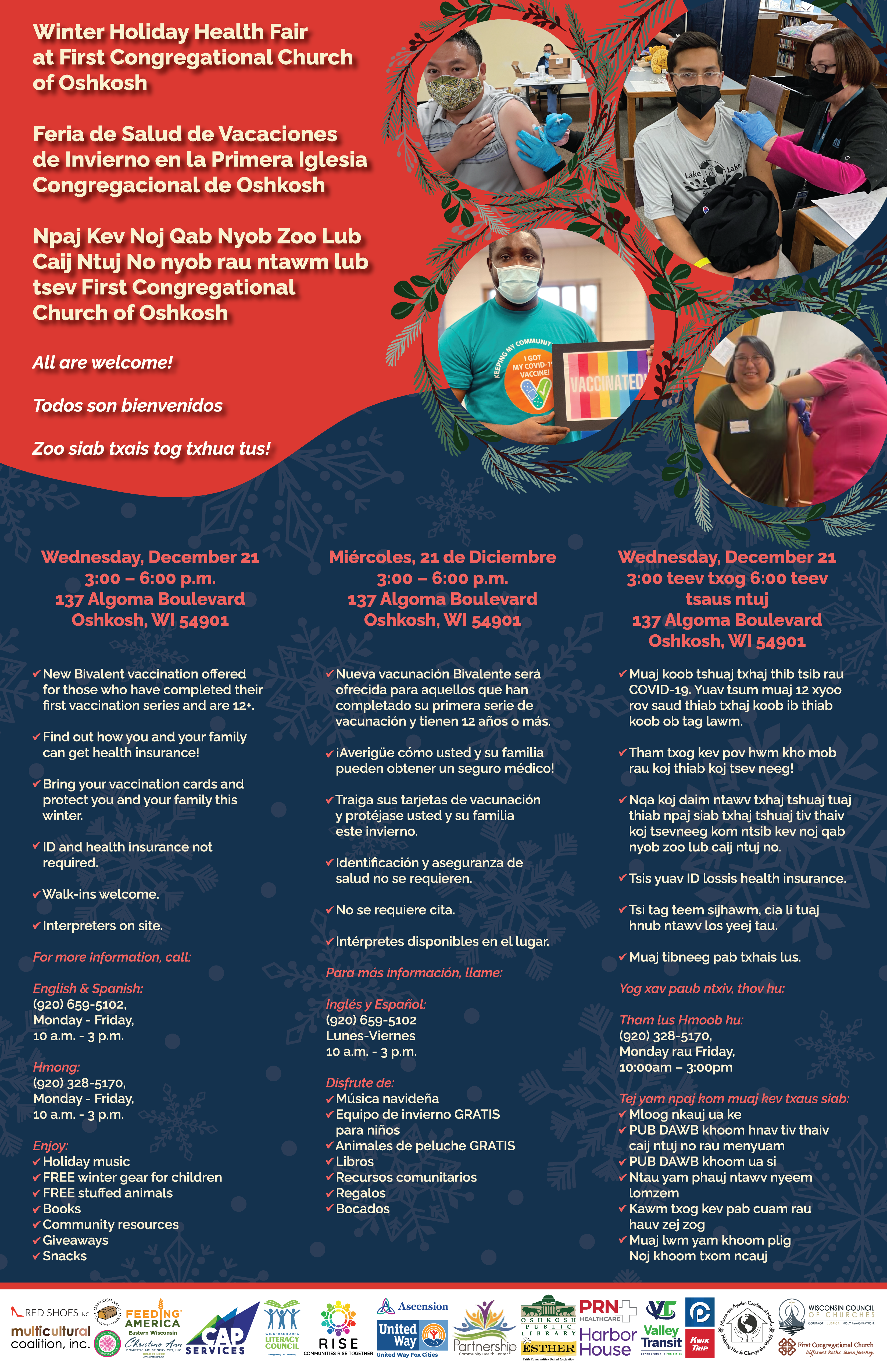 flyer advertising vaccine event at a church showing several photos of people getting vaccinate