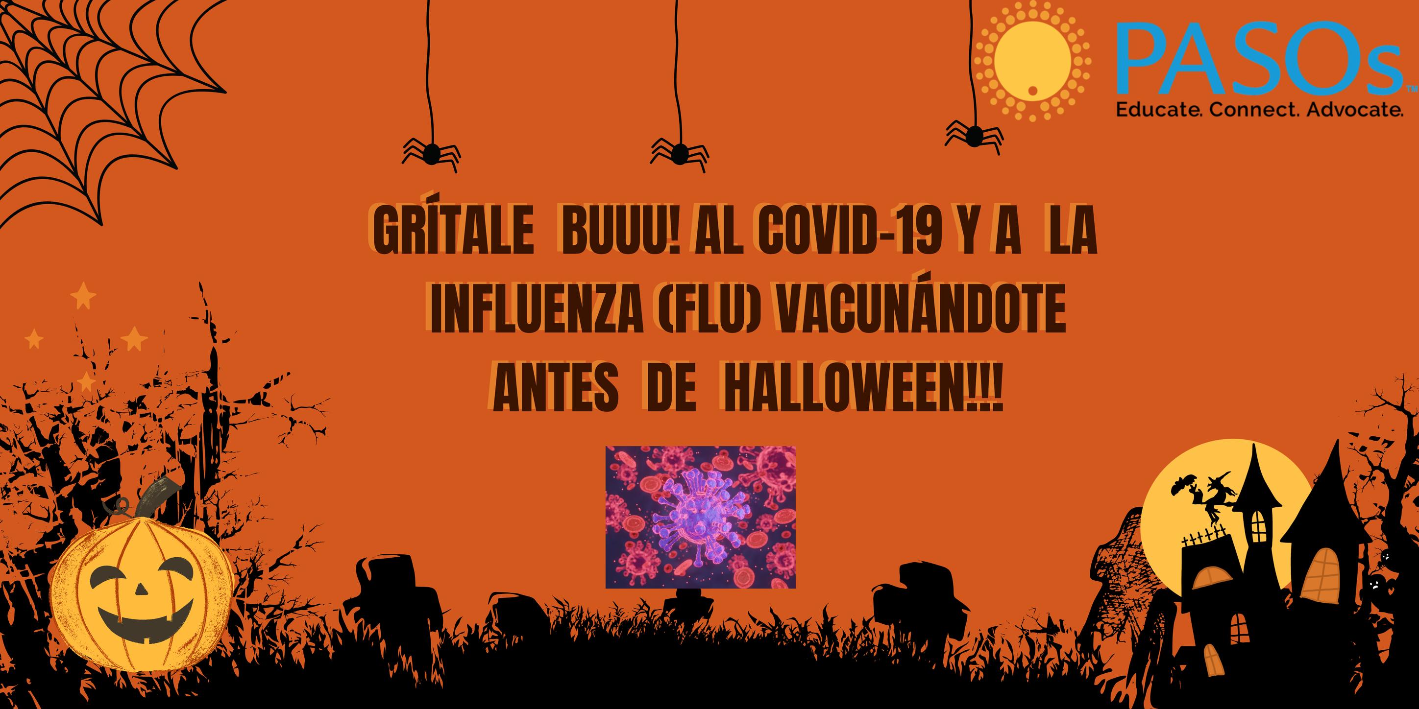 Graphic with Halloween imagery and Spanish text. 