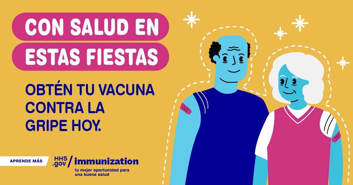 Two cartoon older adults smile and have adhesive bandages on their arms. Spanish text reads, "Healthy for the holidays. Get your flu vaccine today."