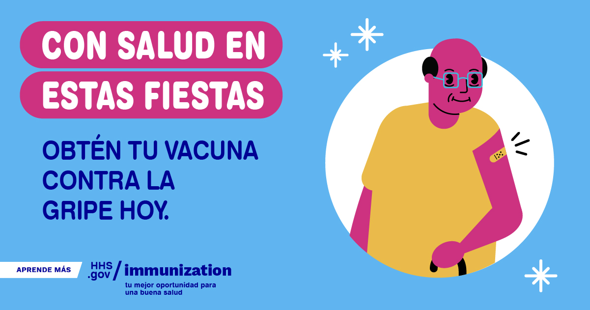 A cartoon older Black man smiles and has an adhesive bandage on his arm. Spanish text reads, "Healthy for the holidays. Get your flu vaccine today."