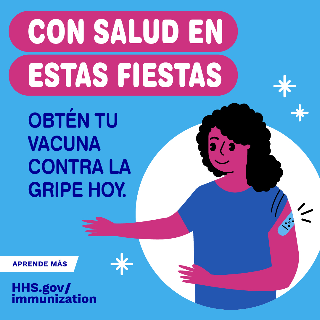 A cartoon Black woman smiles and has an adhesive bandage on her arm. Spanish text reads, "Healthy for the holidays. Get your flu vaccine today."