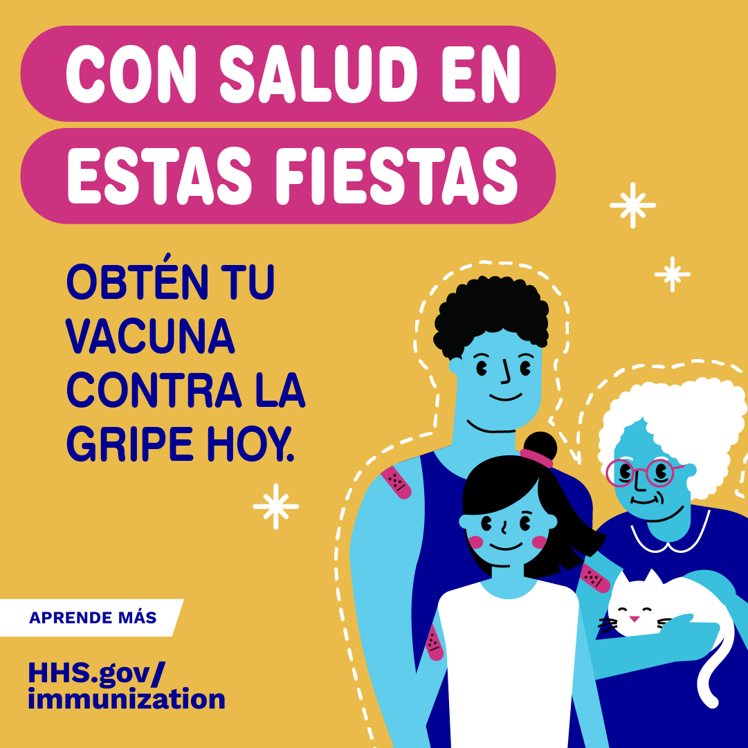 A cartoon family smiles and has adhesive bandages on their arms. Spanish text reads, "Healthy for the holidays. Get your flu vaccine today."
