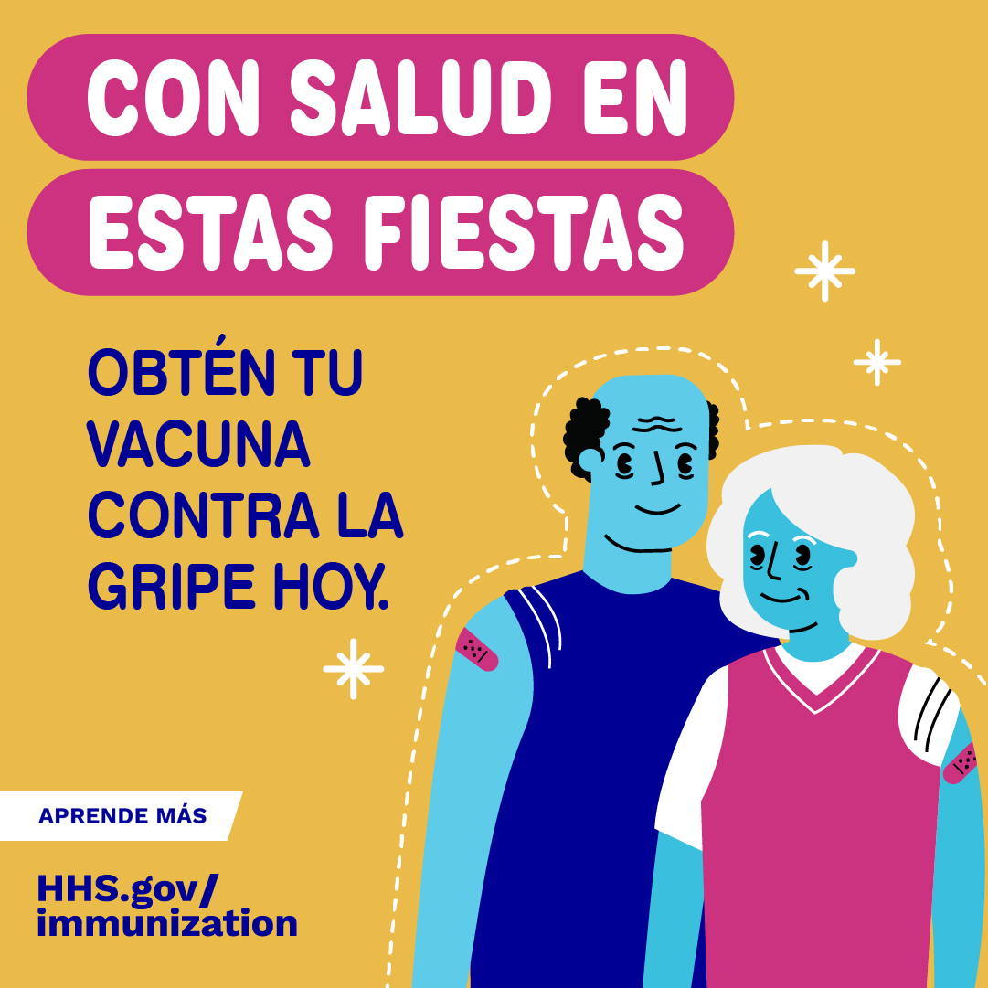 Two cartoon older adults smile and have adhesive bandages on their arms. Spanish text reads, "Healthy for the holidays. Get your flu vaccine today."