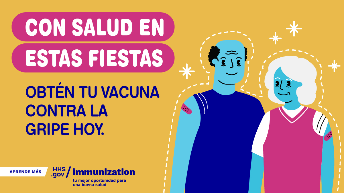 Two cartoon older adults smile and have adhesive bandages on their arms. Spanish text reads, "Healthy for the holidays. Get your flu vaccine today."