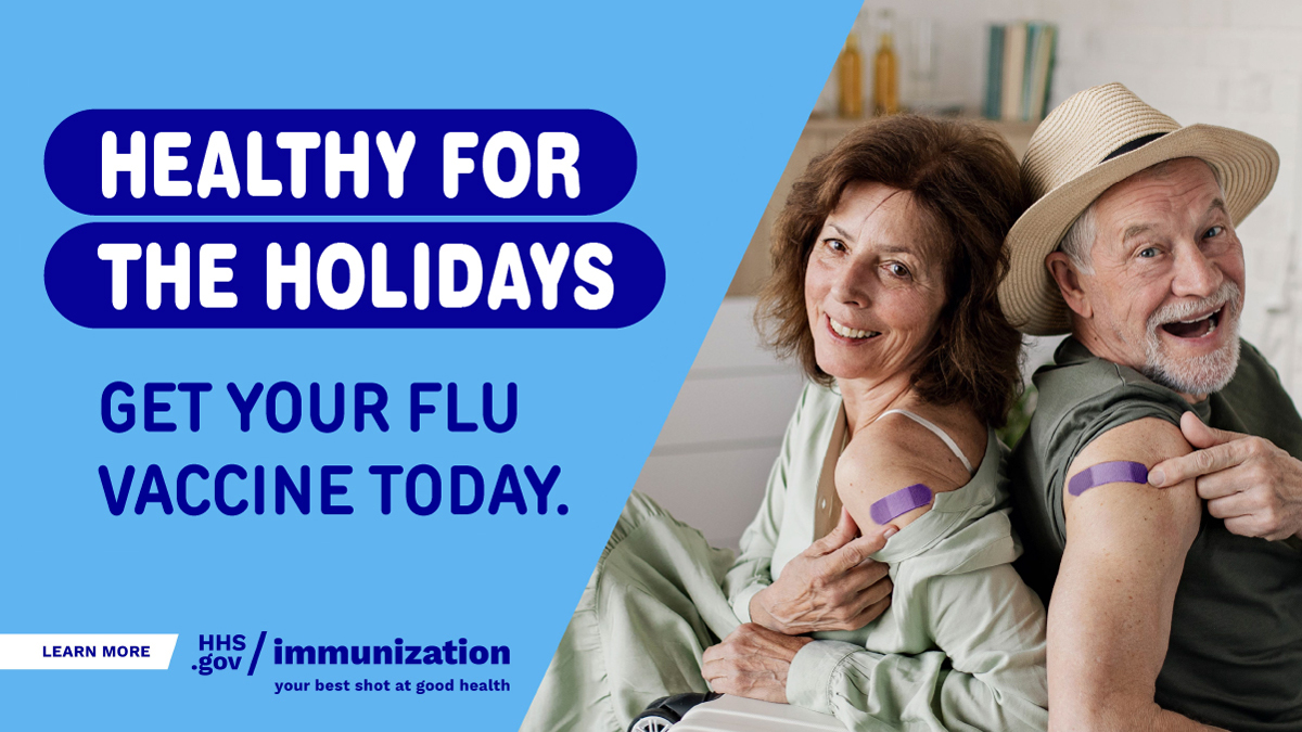 Two older adults point to purple adhesive bandages on their arm and smile. Text reads, "Healthy for the holidays. Get your flu vaccine today."