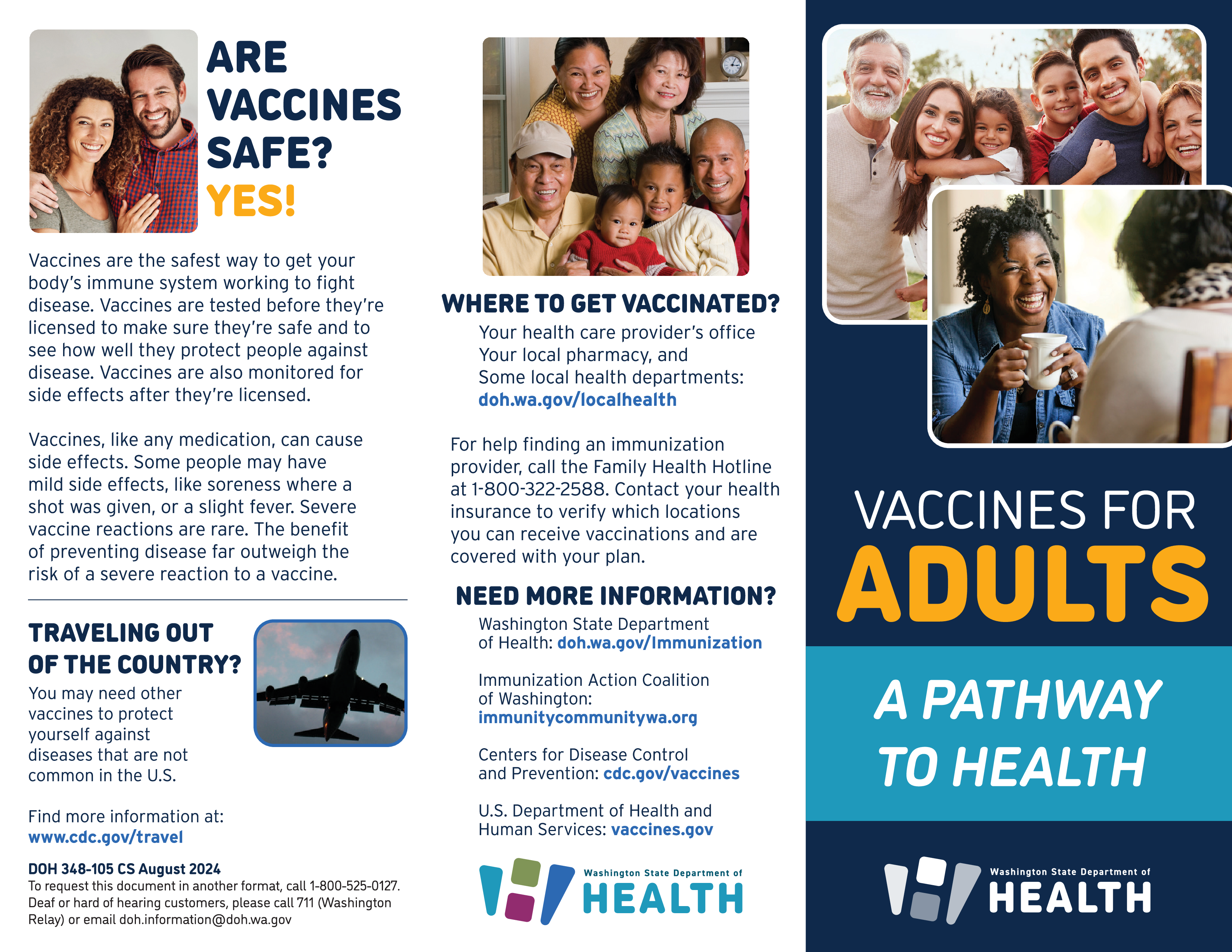 Image includes a couple smiling together, a Hispanic family gathered together, another family smiling, a photo of an airplane, and a Black woman laughing with a mug in her hand.