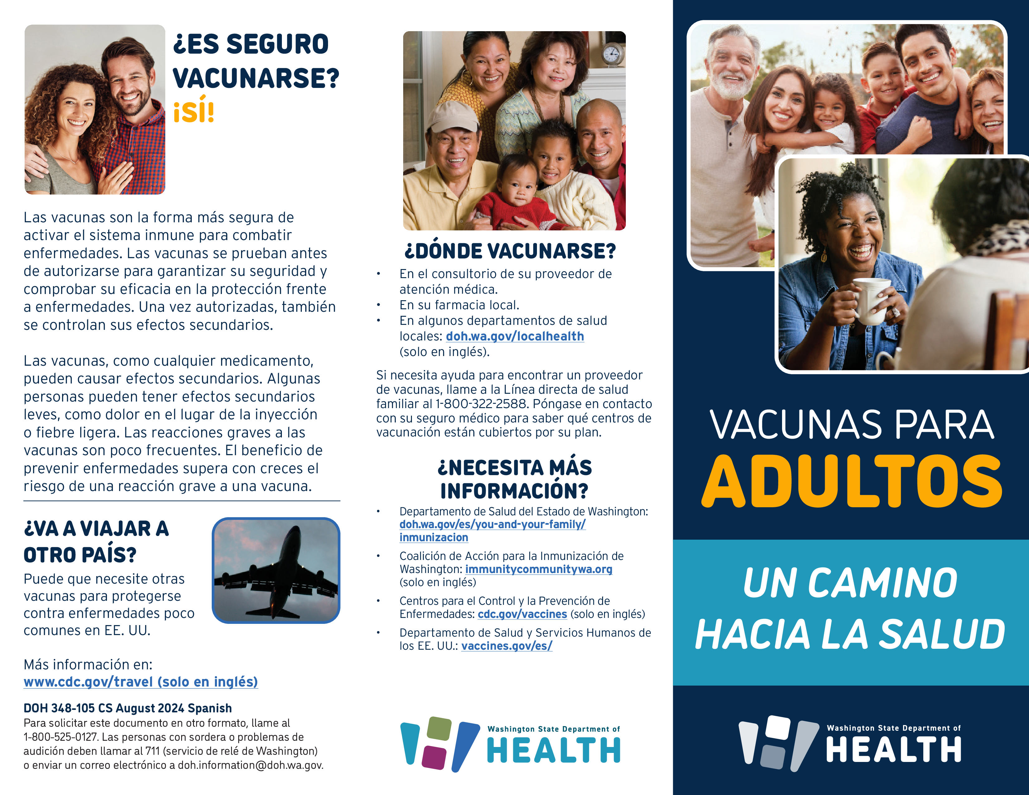 Image includes a couple smiling together, a Hispanic family gathered together, another family smiling, a photo of an airplane, and a Black woman laughing with a mug in her hand.