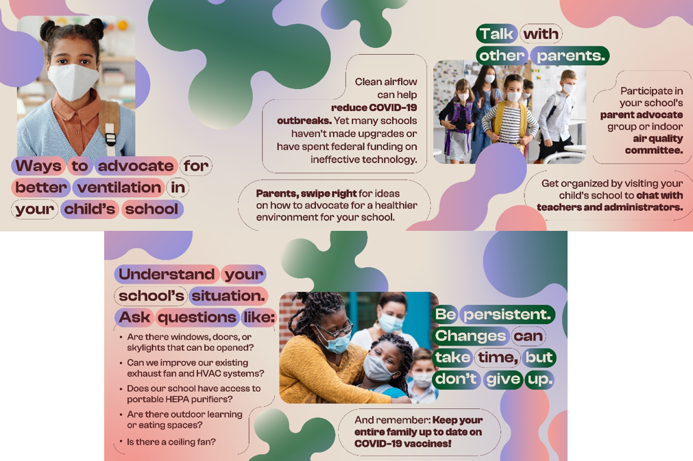 Images of masked school aged children and parents of multiple races and ethnicities with text in a pink, beige and green background. 