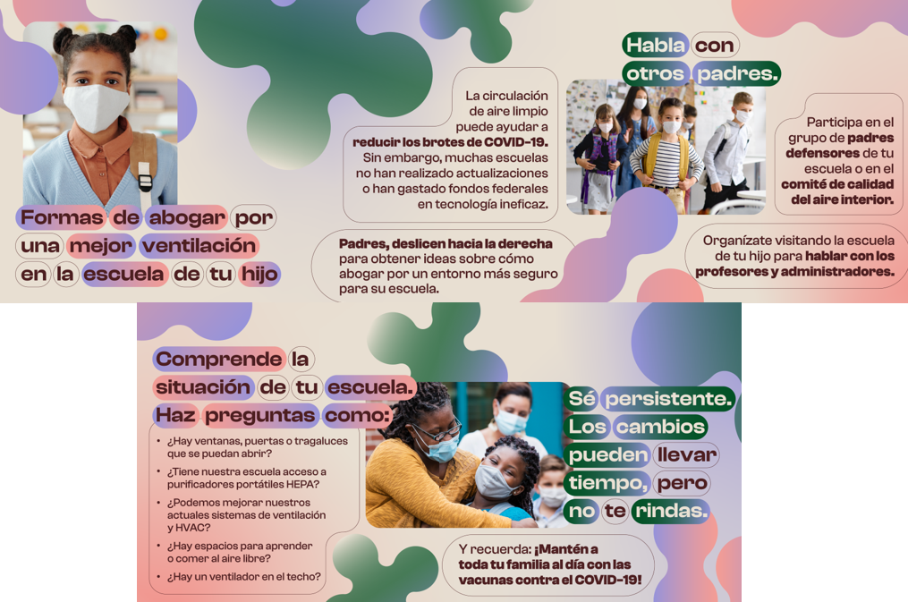 Images of masked school aged children and parents of multiple races and ethnicities with text in a pink, beige and green background. 