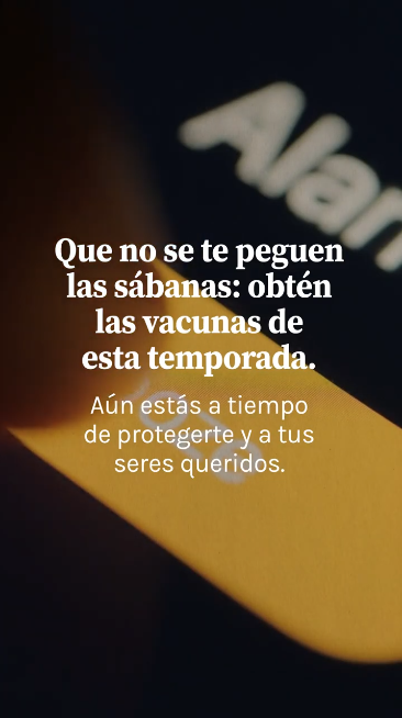 Video shows a montage of people running late: hitting the snooze on their alarm, a clock rapidly advancing, getting stuck in traffic, and running to catch an elevator. Overlaid text reads: "Don’t snooze on getting this season’s vaccines. It’s not too late to protect yourself and your loved ones."