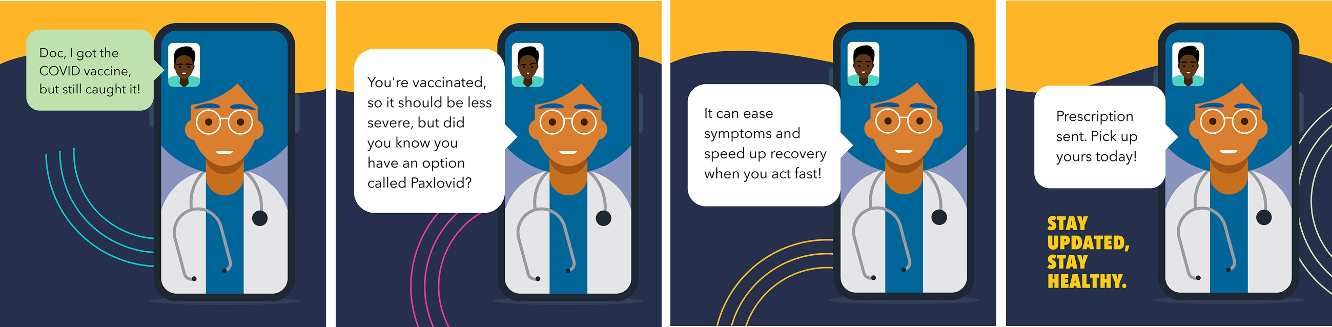 Graphic illustration of a black doctor video messaging with a patient on a smartphone.