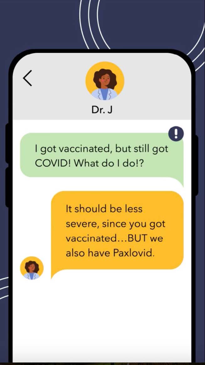 Graphic contains a smartphone messaging app, that shows a patient sending a message to Dr. J to receive an antiviral prescription