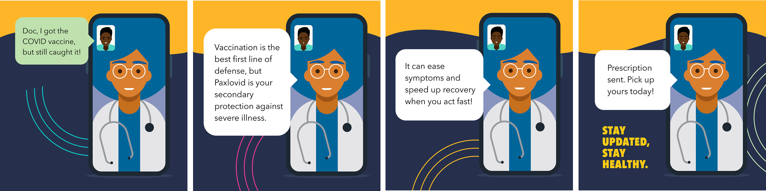 Graphic illustration of a black doctor video messaging with a patient on a smartphone.