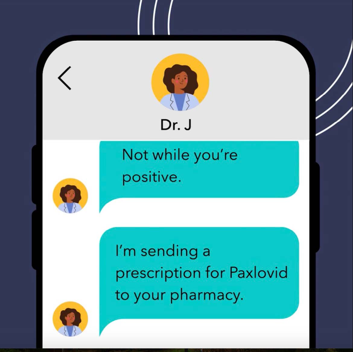 Text bubbles appear on an image of a phone screen.