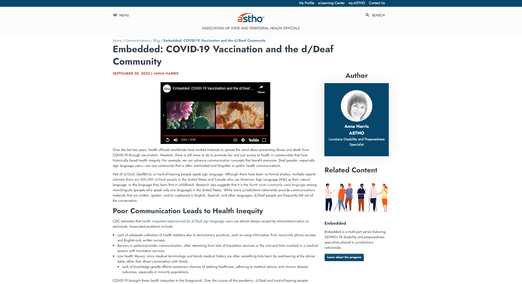 Webpage with blog post and YouTube embedded video in American Sign Language on a white background with black text. The Astho logo is at the top of the webpage.