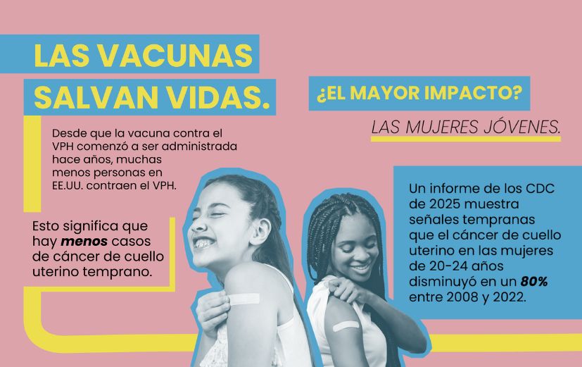 Slide 1 shows a girl smiling with a Band-Aid on her arm. The text reads, "Vaccines save lives. Since the HPV vaccine came out years ago, far fewer people in the U.S. are getting HPV. That means fewer cases of early cervical cancer." Slide 2 shows a young woman with a Band-Aid on her arm and reads, "The biggest impact? Young women. A 2025 CDC report shows early signs of cervical cancer dropped by 80% in women ages 20–24 between 2008 and 2022."