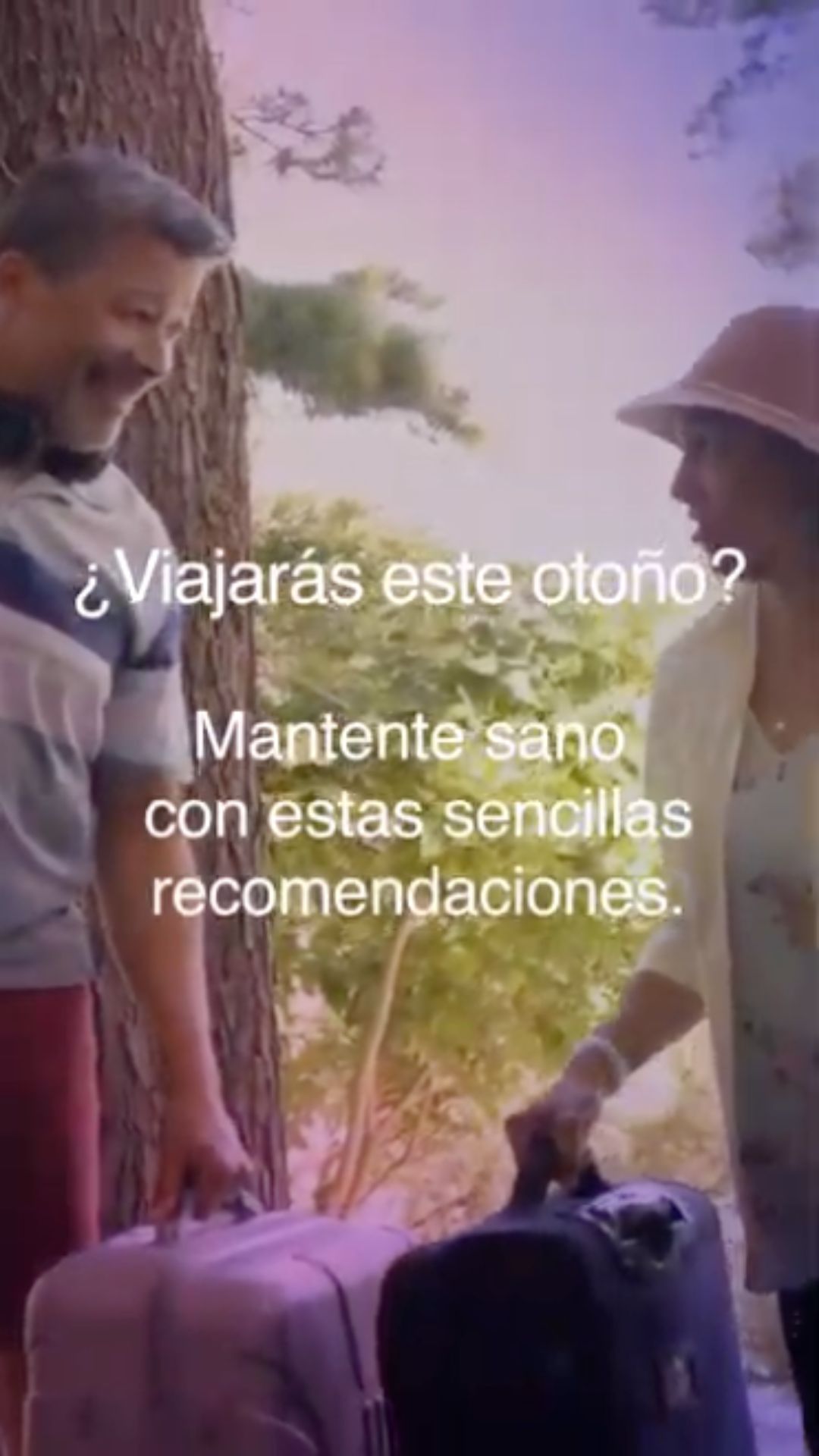 Video shows clips of older adults, N95 masks, and a suitcase. Text on screen changes with each frame:  "Traveling this fall? Stay healthy with these simple tips." "Talk to your doctor or pharmacist about how to protect yourself from COVID-19." "Age 65 or older? You still need a COVID-19 vaccine if you haven’t had one in the last 6 months." "Mask up in crowded indoor spaces like airport lines and on the plane." "Pack smart. Bring COVID-19 and flu tests, meds, and travel insurance, just in case."